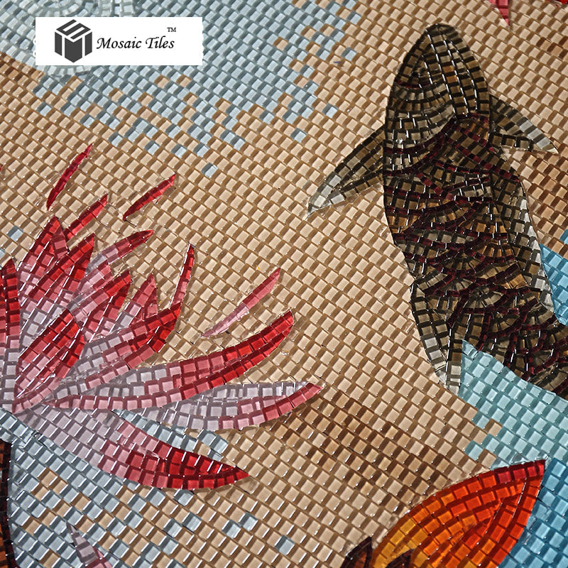 TST Mosaic Mural Red Goldfish Lotus Pond Crystal Glass Picture Wall Design