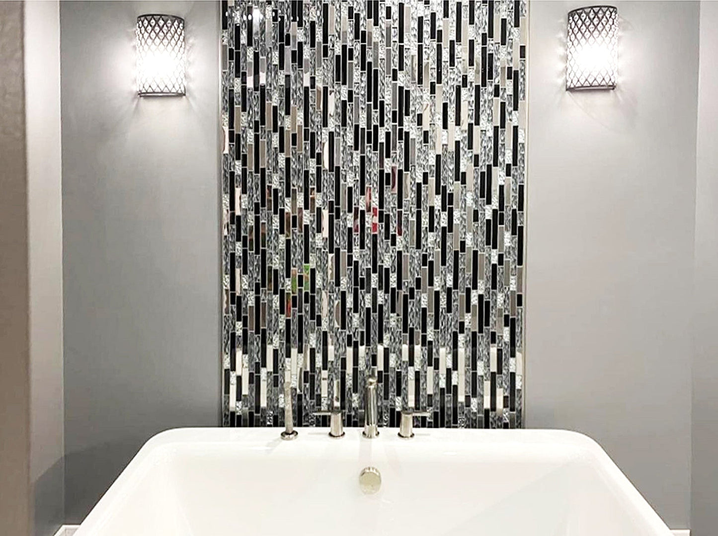 Black Chrome Silver Glass Tile Kitchen Backsplash Art Mosaic Bath Wall(Pack of 5)