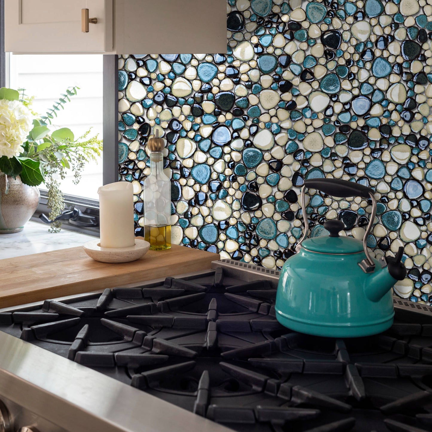 Pebble Mosaic Tile, Aqua Teal Blue Mosaic Tiles Mesh Mounted, Waterproof Ceramic Tile Flooring for Kitchen Bathroom Backsplash Shower Floor Pool (Pack of 5)