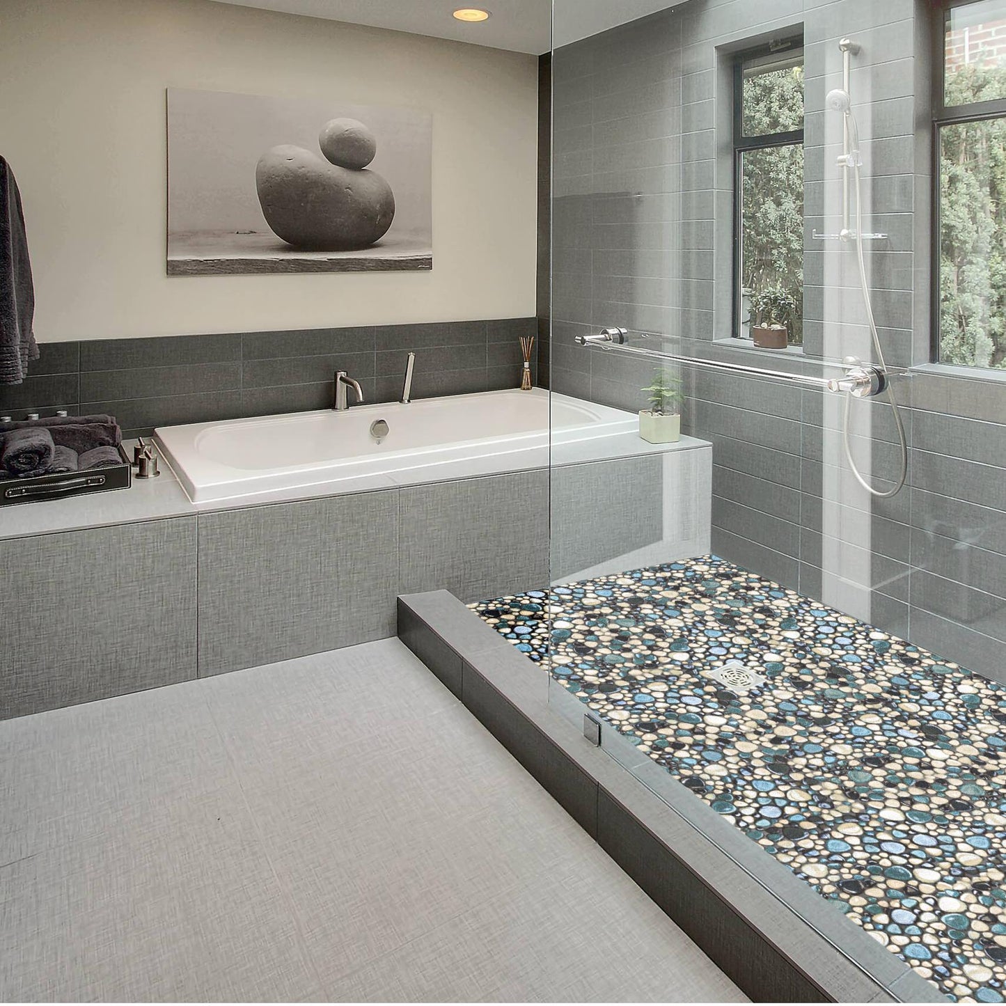 Pebble Mosaic Tile, Aqua Teal Blue Mosaic Tiles Mesh Mounted, Waterproof Ceramic Tile Flooring for Kitchen Bathroom Backsplash Shower Floor Pool (Pack of 5)