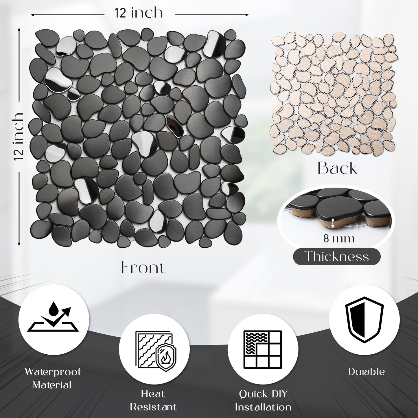 Black Tile Backsplash Pebble Tile Metal Mosaic Tiles for Kitchen Backsplash Bathroom Shower Floor (Pack of 5)
