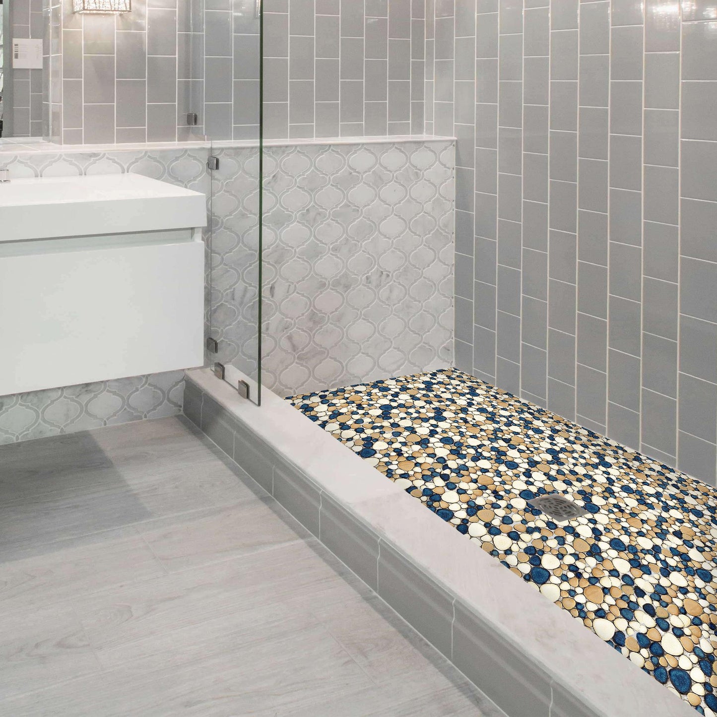 Pebble Tile for Shower Floor Brown Blue Pebbles Mosaic Tiles for Bathroom Floor (Pack of 5)