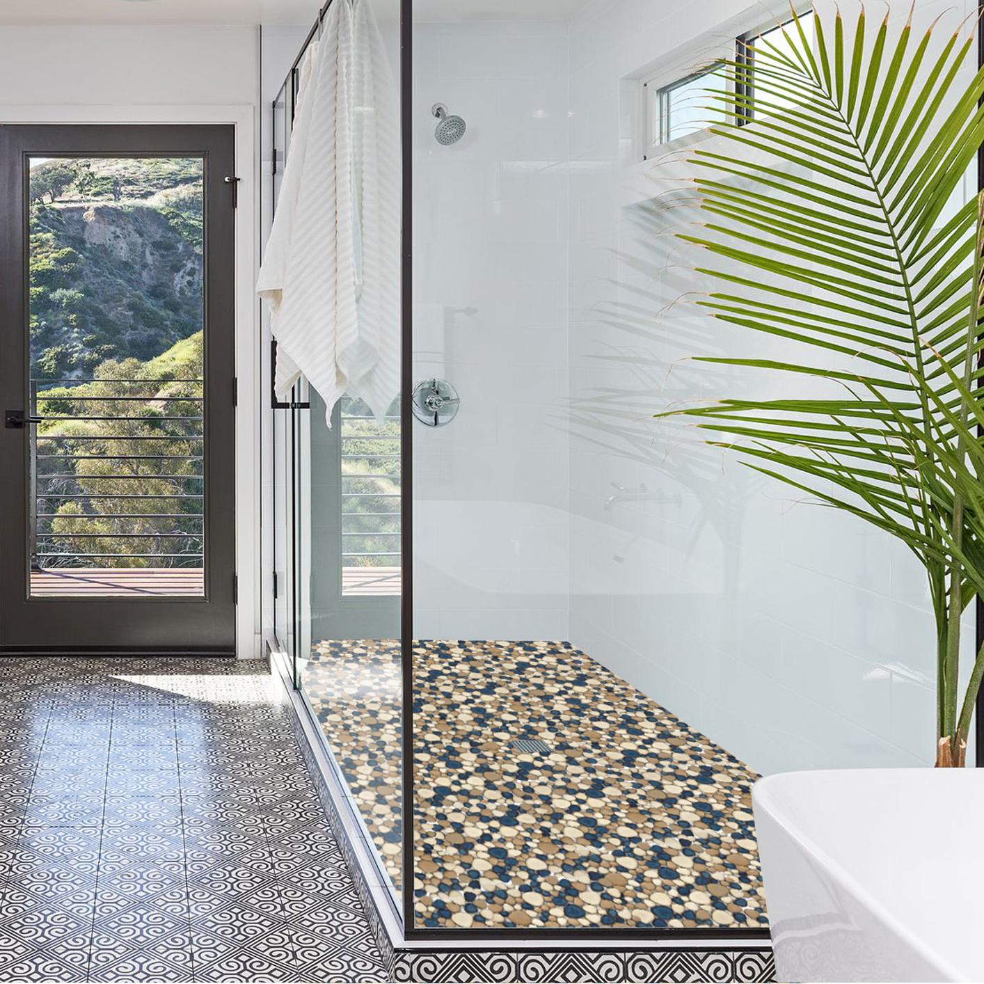 Pebble Tile for Shower Floor Brown Blue Pebbles Mosaic Tiles for Bathroom Floor (Pack of 5)