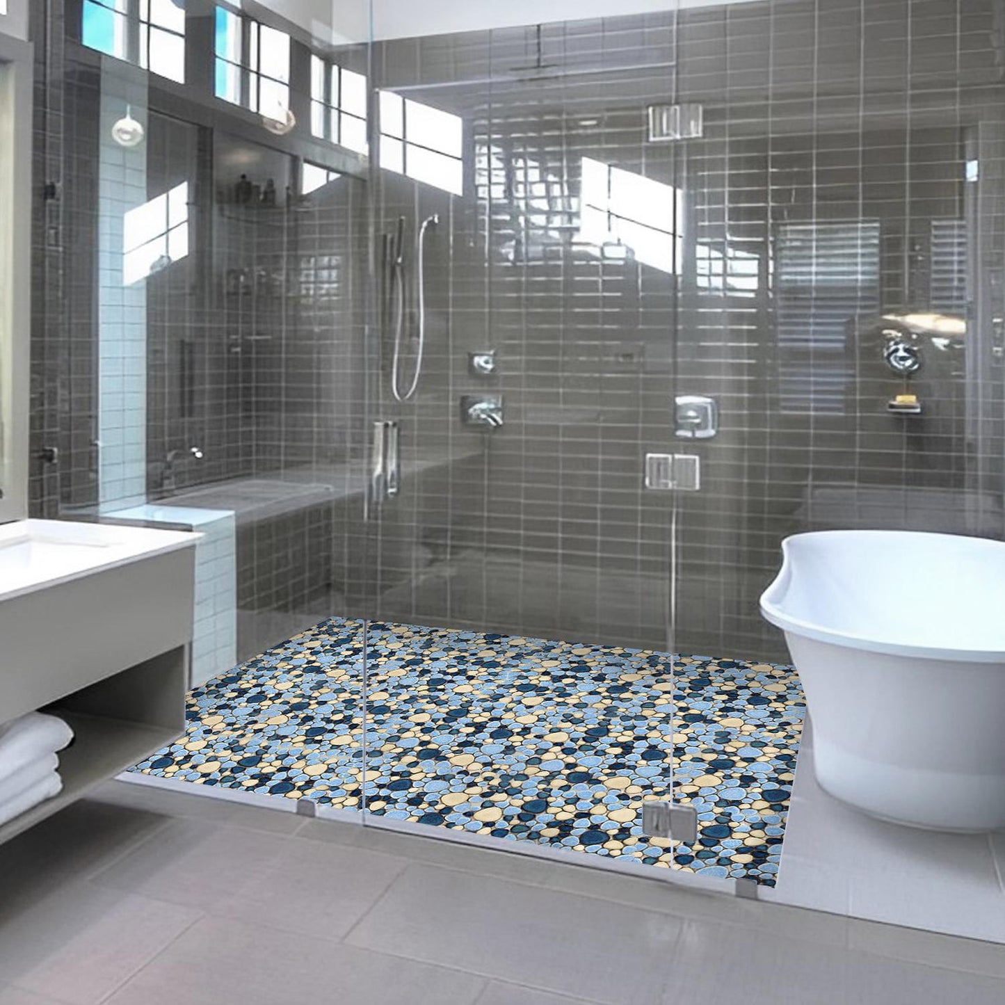 Shower Floor Pebble Tile Blue Mosaic Tiles for Bathroom Wall Backsplash Floor (Pack of 5)