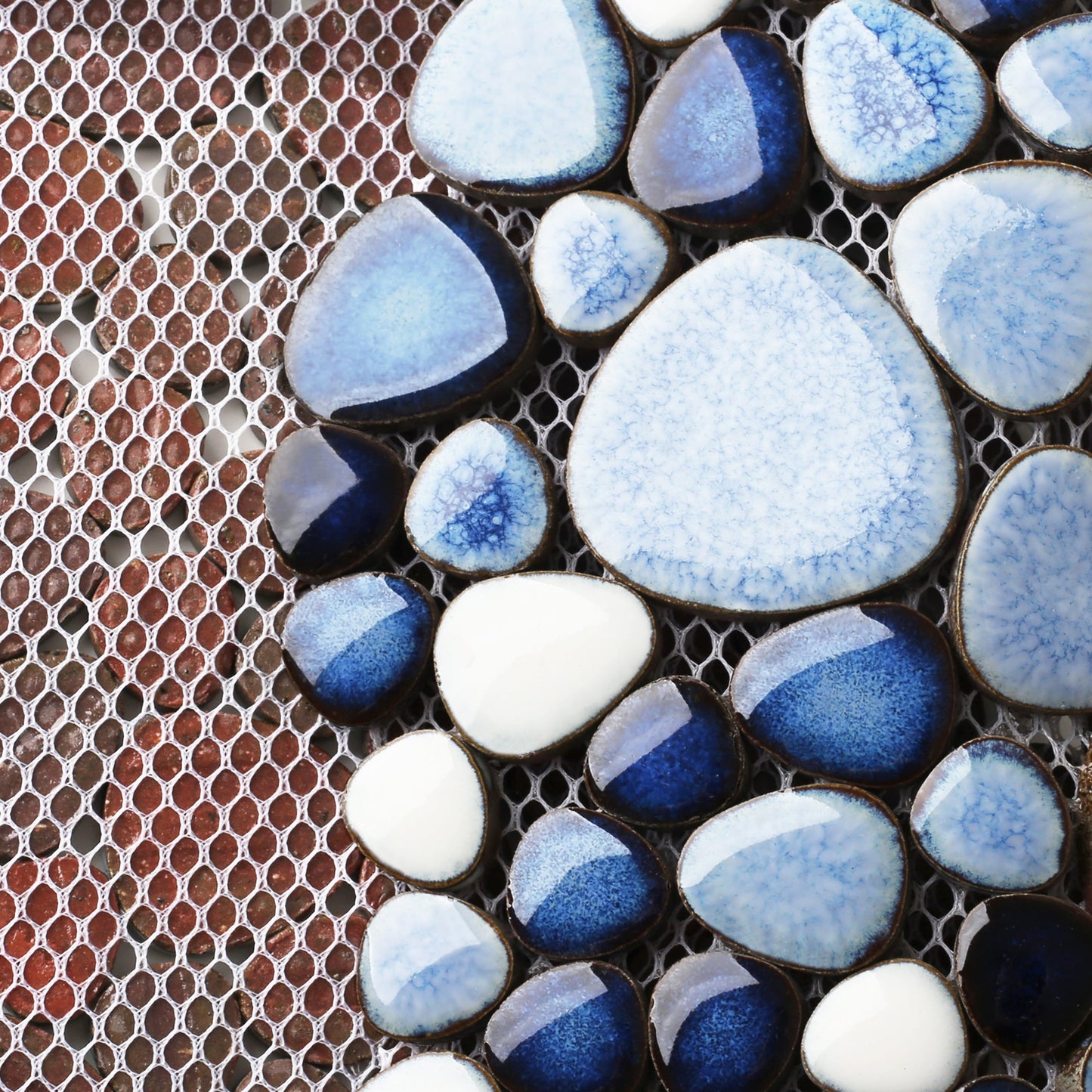Aegean Blue White Porcelain Pebble Mosaic Tiles for Shower Floor Bathroom Accent Wall (Pack of 5)