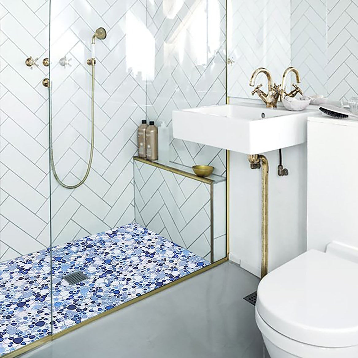 Aegean Blue White Porcelain Pebble Mosaic Tiles for Shower Floor Bathroom Accent Wall (Pack of 5)