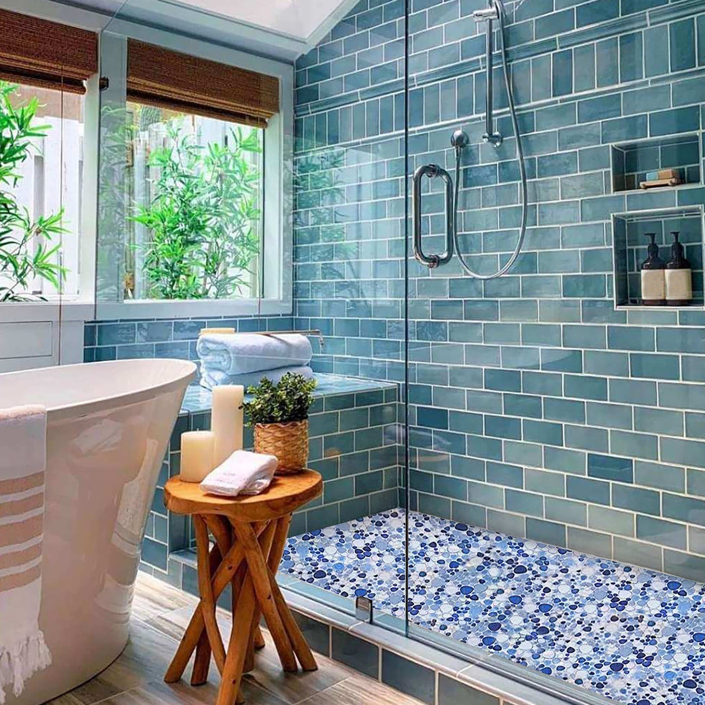 Aegean Blue White Porcelain Pebble Mosaic Tiles for Shower Floor Bathroom Accent Wall (Pack of 5)