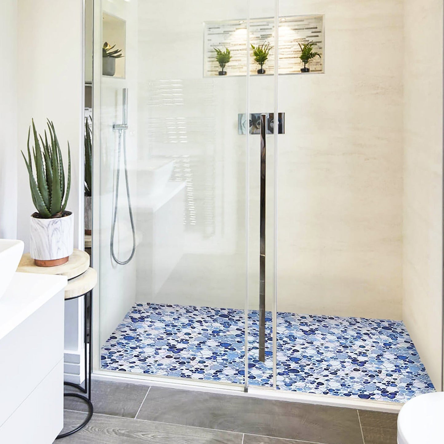 Aegean Blue White Porcelain Pebble Mosaic Tiles for Shower Floor Bathroom Accent Wall (Pack of 5)