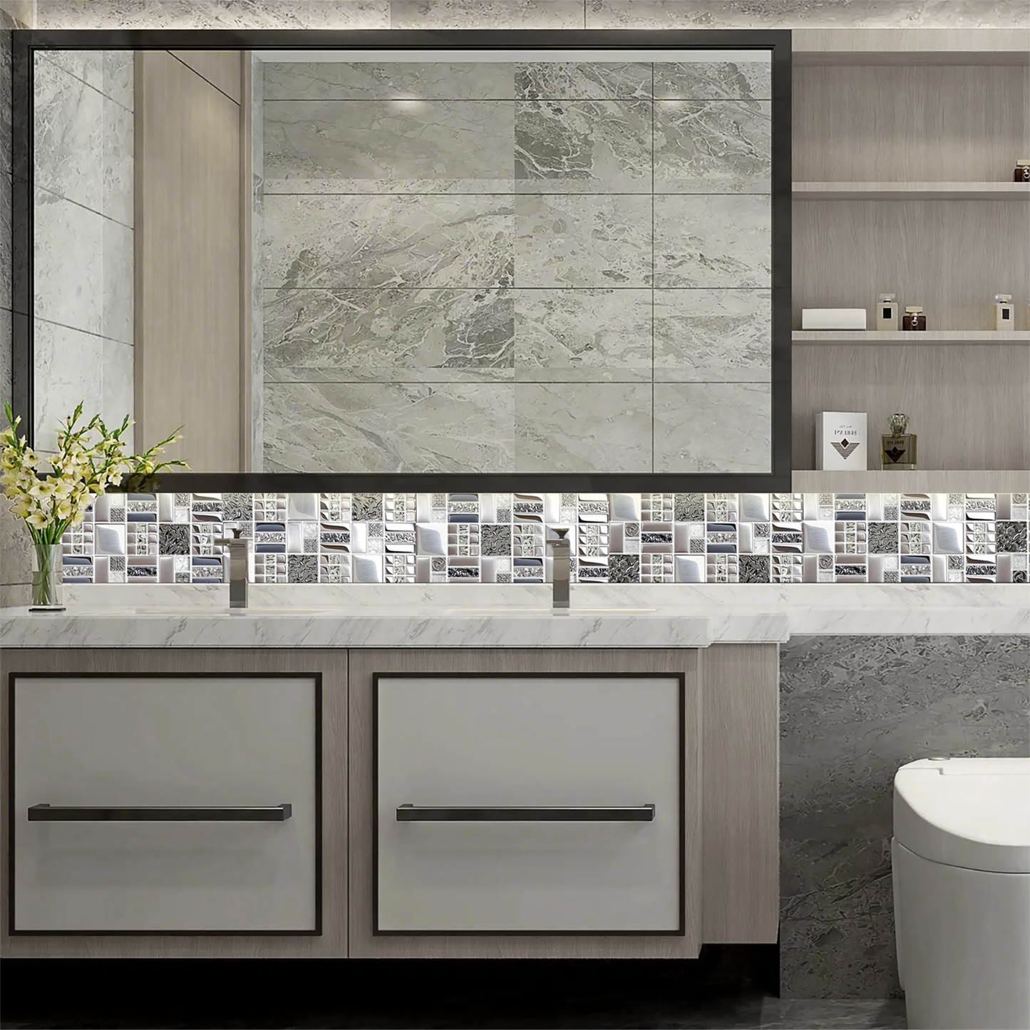 Glass Metallic Mosaic Tiles Silver Kitchen Backsplash Bathroom Shower Accent Wall Decor (Pack of 5)