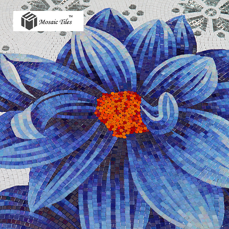 TST Mosaic Mural Jade Glass Sea Blue Big Flower Home Hotel Interior Deco