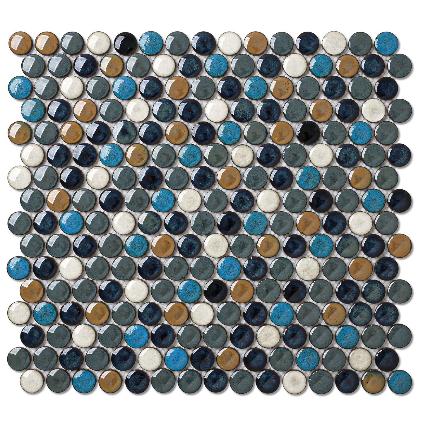 Penny Round Ceramic Mosaic Tile Sheets Cobalt Blue/Gray/Brown Tiles for Wall Backsplash Accents, Bathroom Floor (Pack of 5)