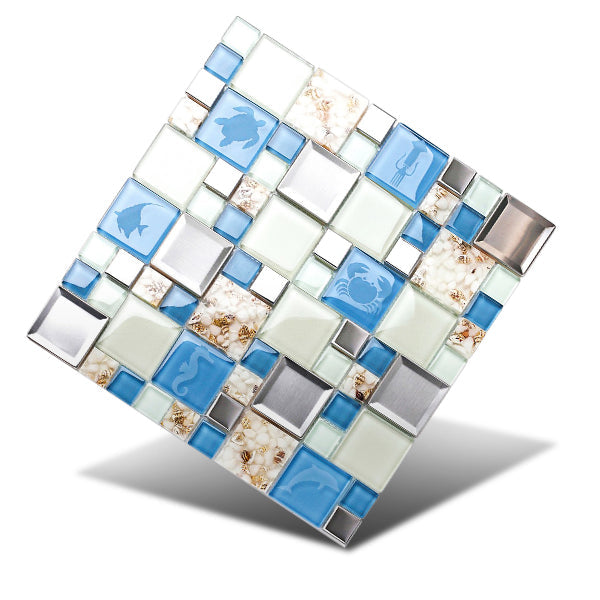 New Idea Glass Tile Marine Animals Beach Style Inner Conch Kitchen Bath Backsplash Accent Art Mosaics for Beach House(Pack of 5)