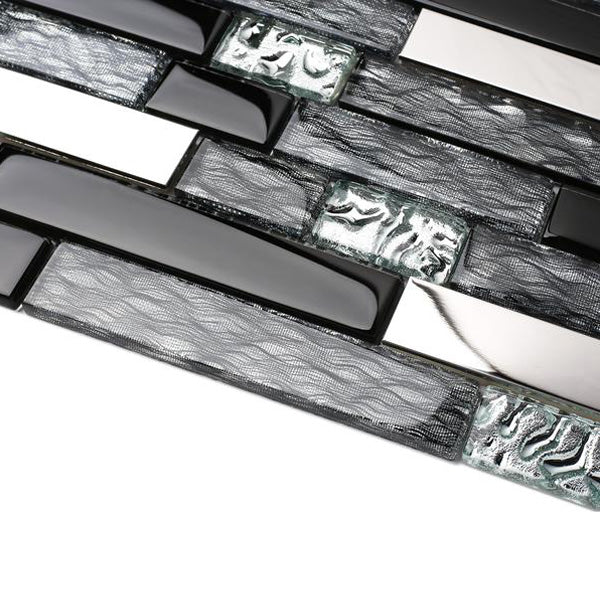 Black Chrome Silver Glass Tile Kitchen Backsplash Art Mosaic Bath Wall(Pack of 5)