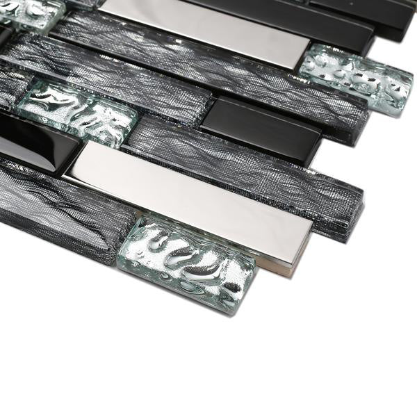 Black Chrome Silver Glass Tile Kitchen Backsplash Art Mosaic Bath Wall(Pack of 5)