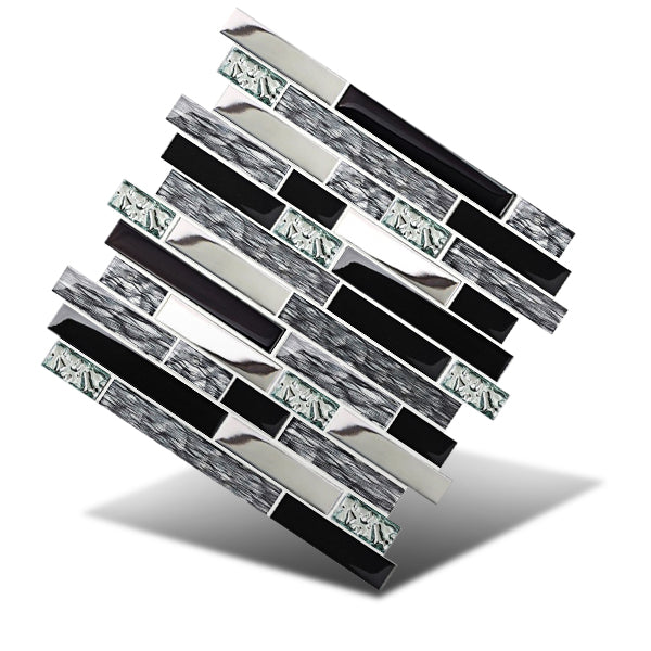 Black Chrome Silver Glass Tile Kitchen Backsplash Art Mosaic Bath Wall(Pack of 5)