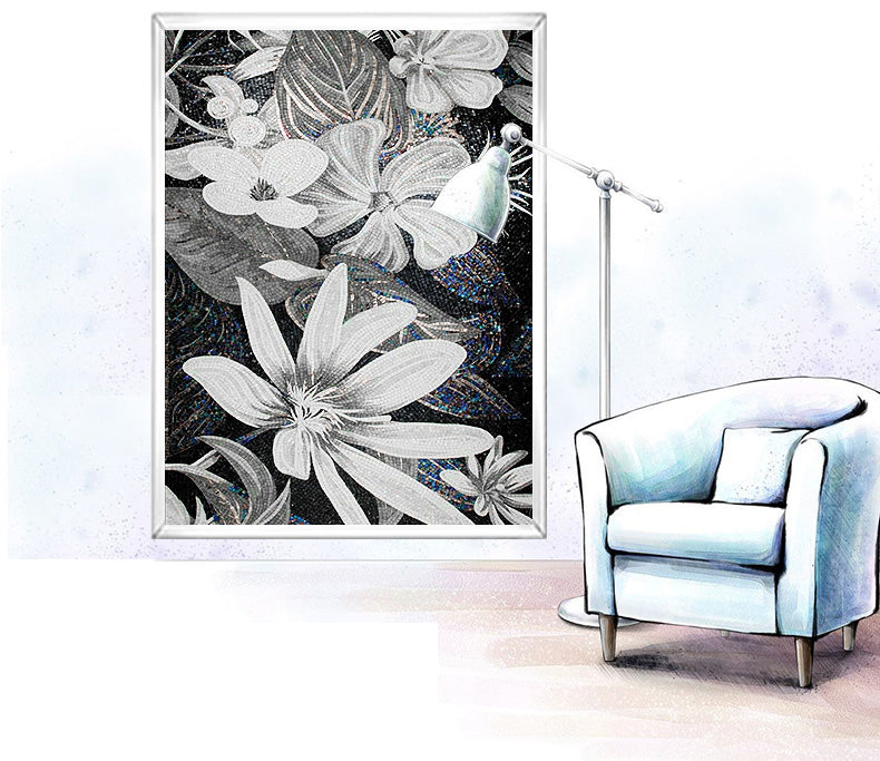 TST Mosaic Murals Black & White Flower Handcraft Unique Art Home Hotel Wall Deco