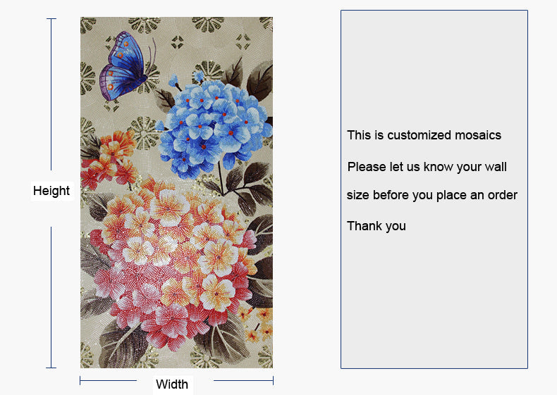 TST Mosaic Mural Blue Red Pink Hydrangea Flower Butterfly Hotel Studio Wall Deco