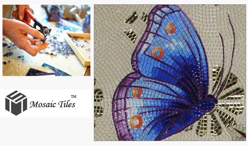 TST Mosaic Mural Blue Red Pink Hydrangea Flower Butterfly Hotel Studio Wall Deco
