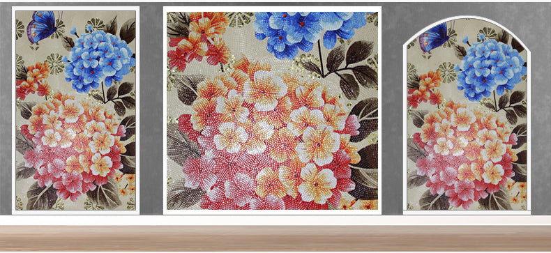 TST Mosaic Mural Blue Red Pink Hydrangea Flower Butterfly Hotel Studio Wall Deco