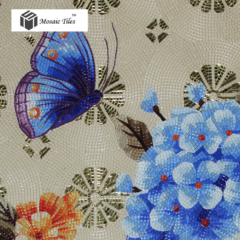 TST Mosaic Mural Blue Red Pink Hydrangea Flower Butterfly Hotel Studio Wall Deco