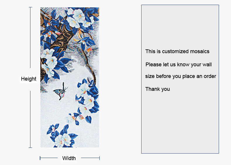 TST Mosaic Mural Blue Leaves White Flower Butterfly Living-room Interior Deco