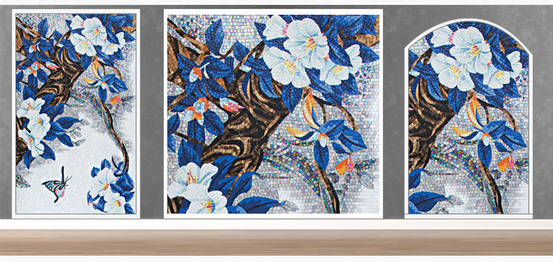 TST Mosaic Mural Blue Leaves White Flower Butterfly Living-room Interior Deco