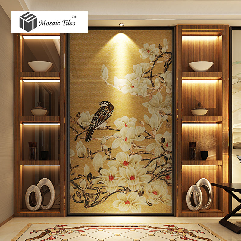 TST Mosaic Mural Yellow White Flower Birds Handcraft Customized Art Wall
