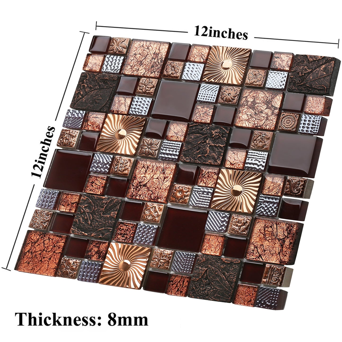 Red Wine Colors Glass Tile 2'' x 2'' Leaf Carving Imprints Antique Mosaics Textured Rose Gold Metal Kitchen Bathroom Walls Backsplash Tiles (Pack of 5)