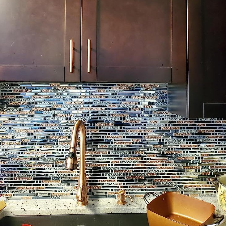 Crystal Glass Tile Interlocking Ink Blue Rose Gold Mosaic Bath Kitchen Fireplace Decor(Pack of 5)