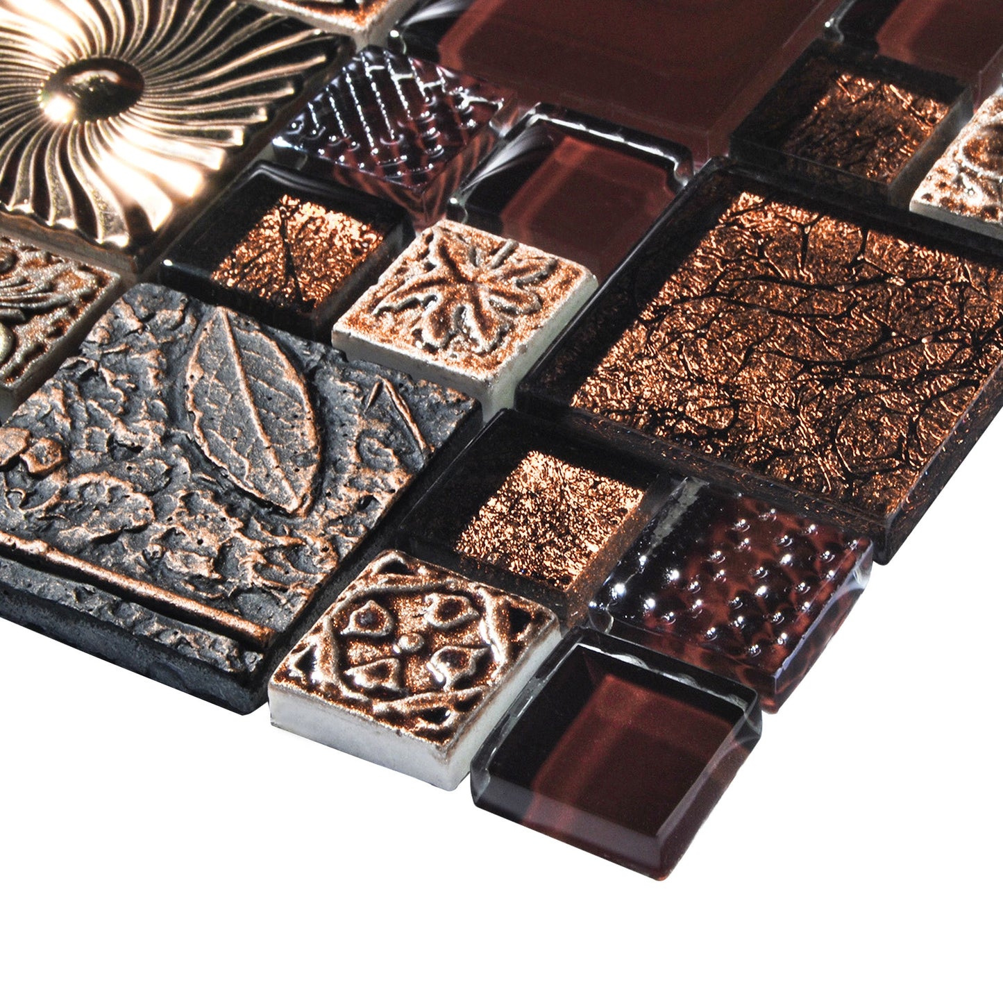 Red Wine Colors Glass Tile 2'' x 2'' Leaf Carving Imprints Antique Mosaics Textured Rose Gold Metal Kitchen Bathroom Walls Backsplash Tiles (Pack of 5)