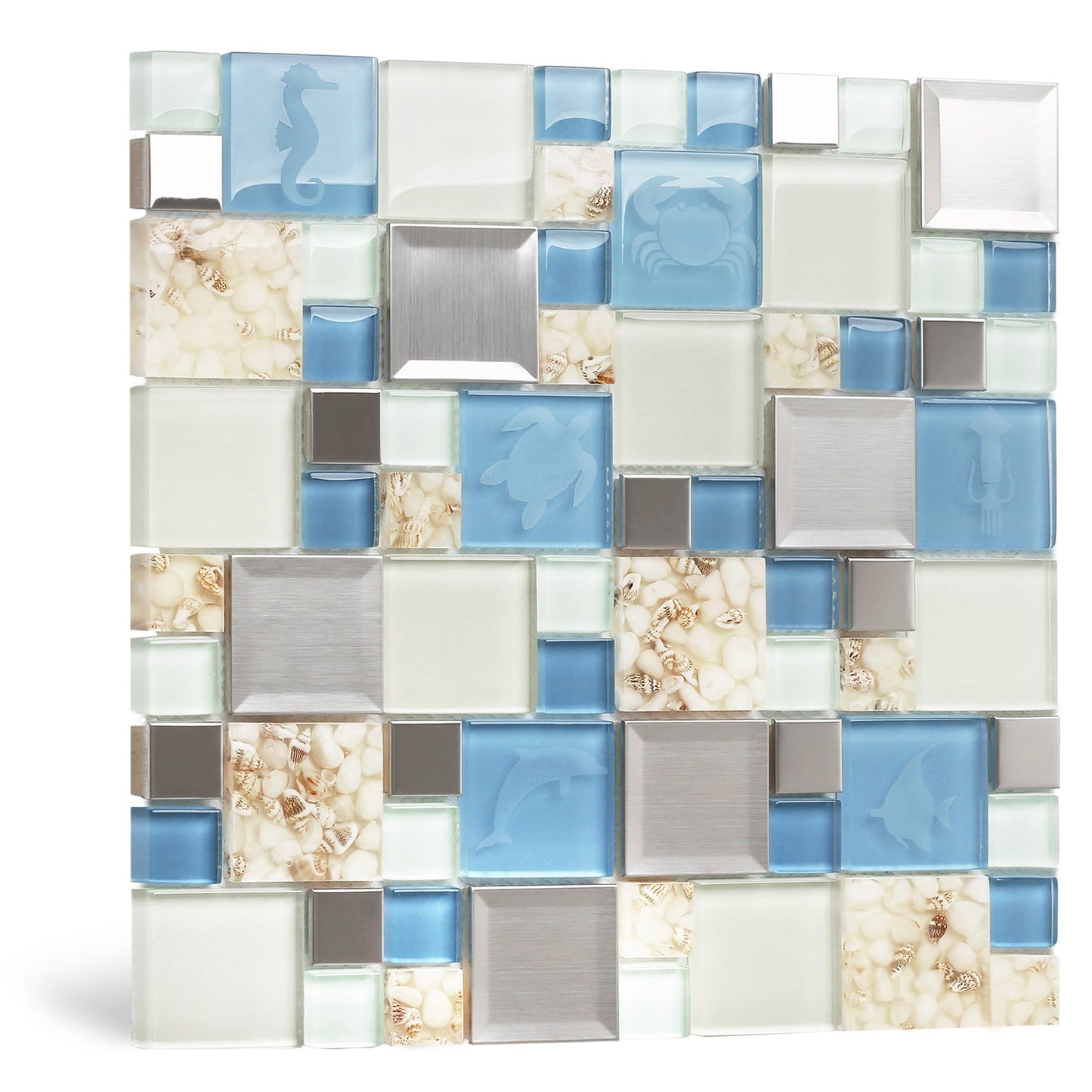 New Idea Glass Tile Marine Animals Beach Style Inner Conch Kitchen Bath Backsplash Accent Art Mosaics for Beach House(Pack of 5)
