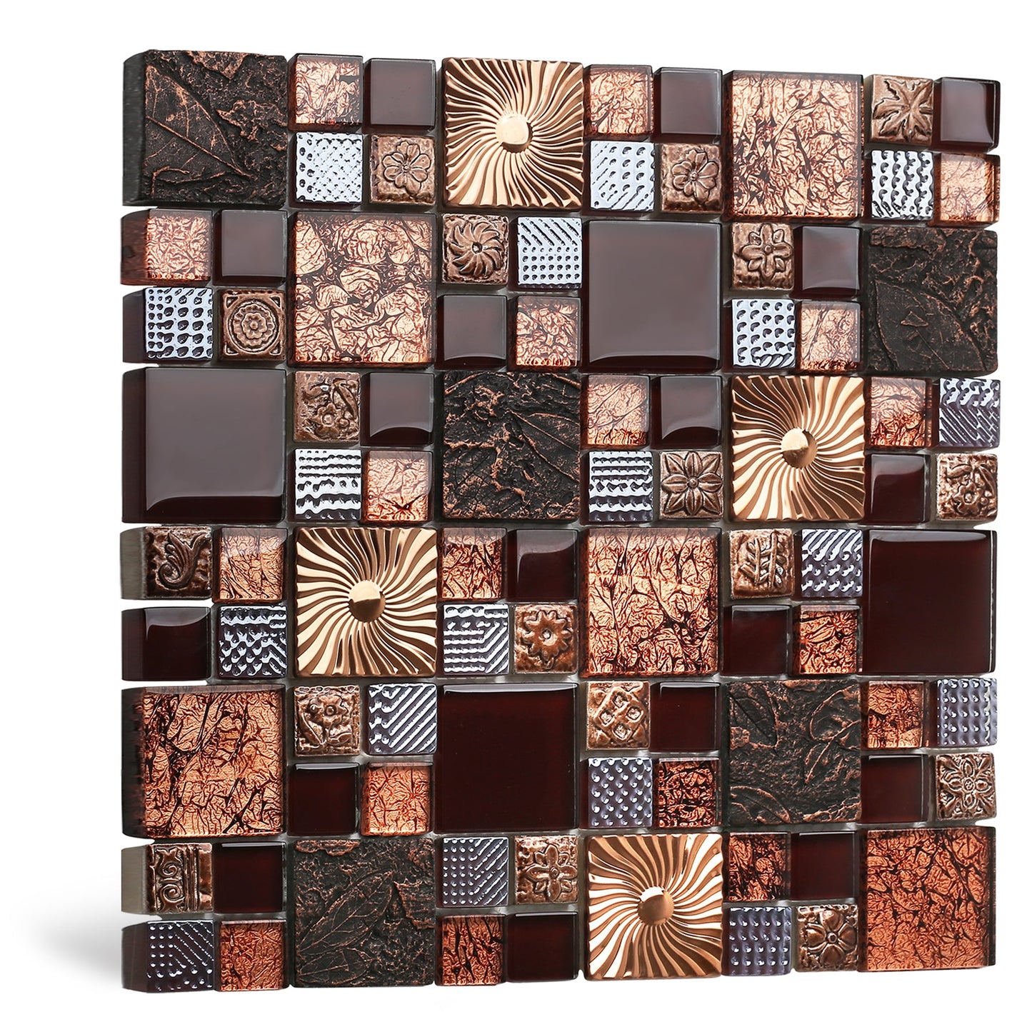 Red Wine Colors Glass Tile 2'' x 2'' Leaf Carving Imprints Antique Mosaics Textured Rose Gold Metal Kitchen Bathroom Walls Backsplash Tiles (Pack of 5)