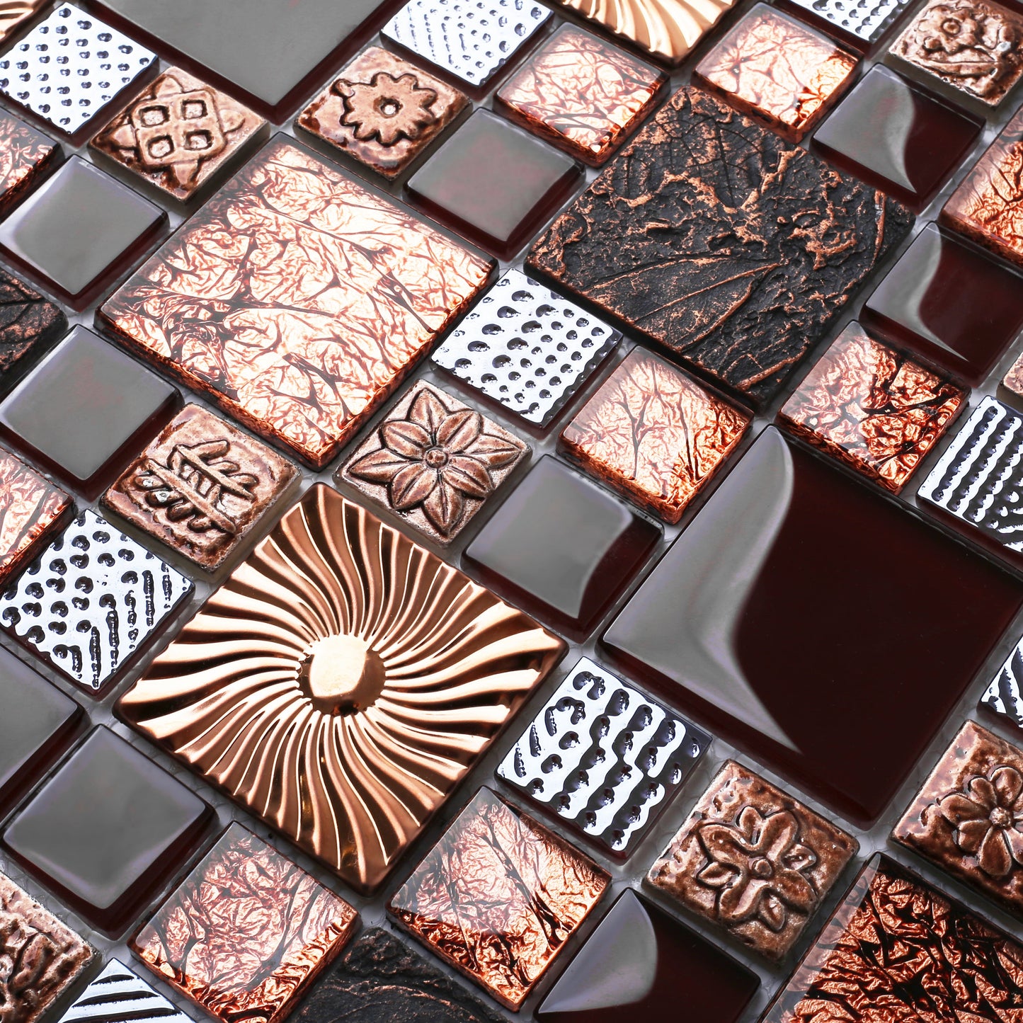 Red Wine Colors Glass Tile 2'' x 2'' Leaf Carving Imprints Antique Mosaics Textured Rose Gold Metal Kitchen Bathroom Walls Backsplash Tiles (Pack of 5)