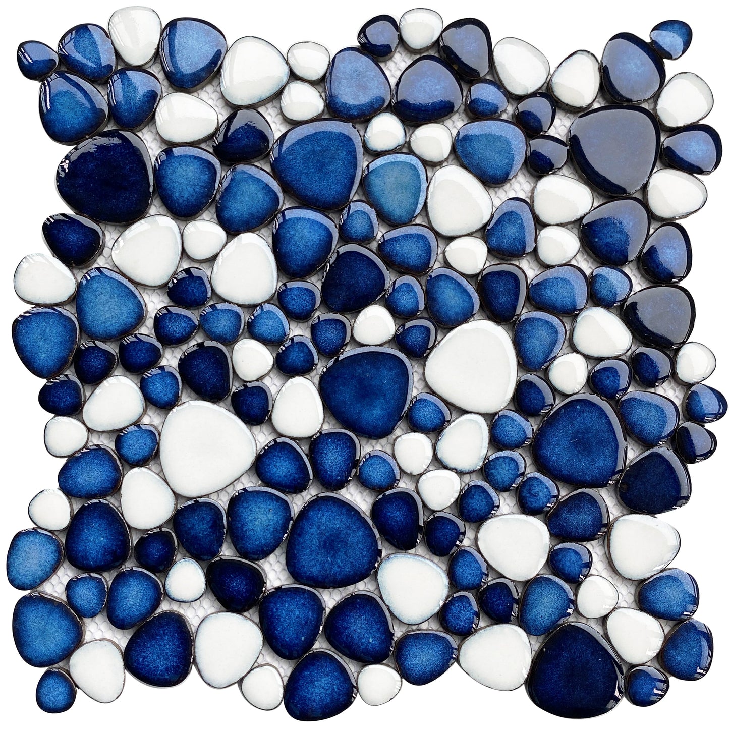 Pebble Ceramic Tiles Heart-Shaped 12x12 Floor Tile Ceramic, Dark Blue Mosaic Tiles Mesh Mounted, Waterproof Porcelain Tile Decorative for Kitchen Bath Backsplash Shower Floor Pool (Pack of 5)