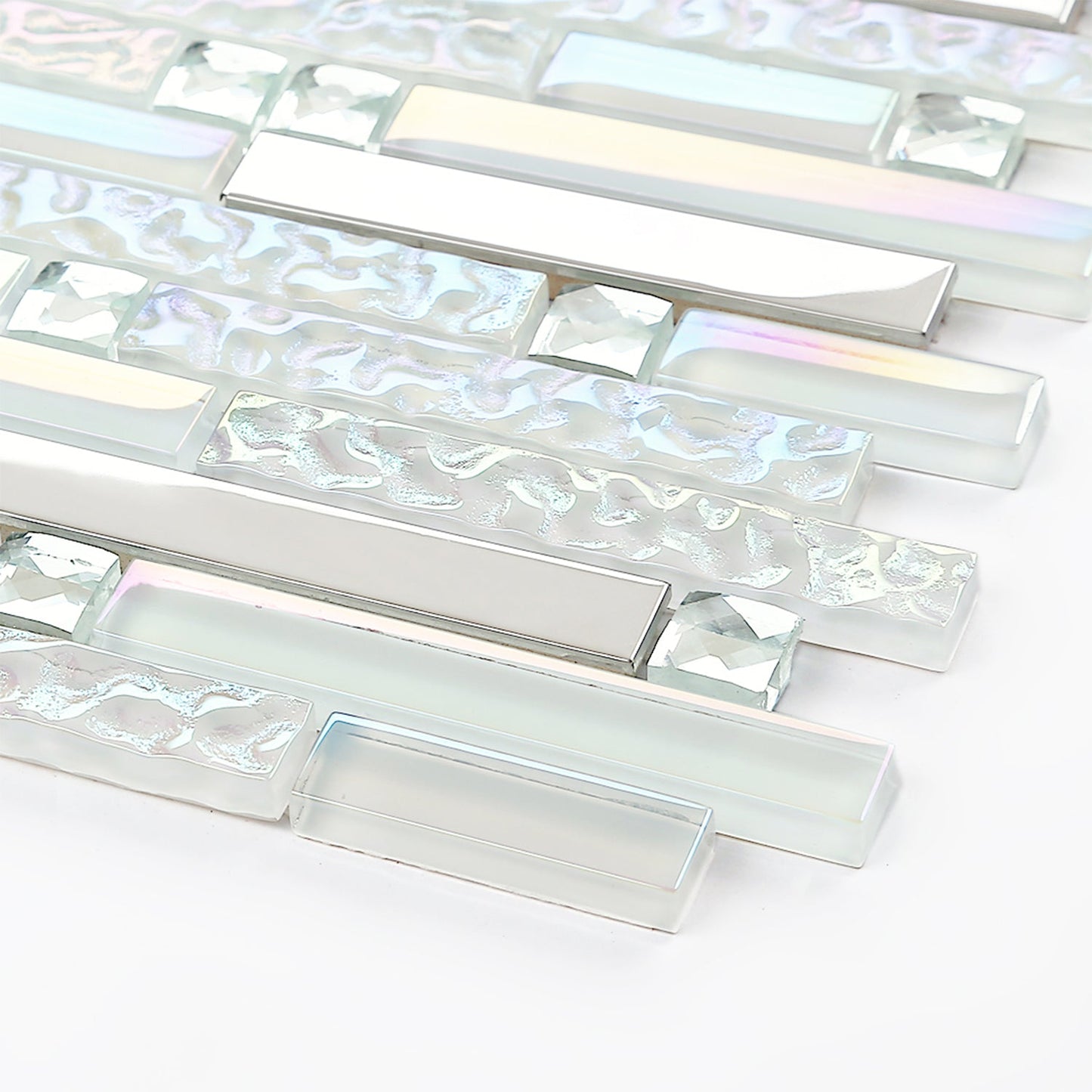 Glass Metal Tile Iridescent White Glass Silver Chrome Stainless Steel Interlocking Mosaic(Pack of 5)