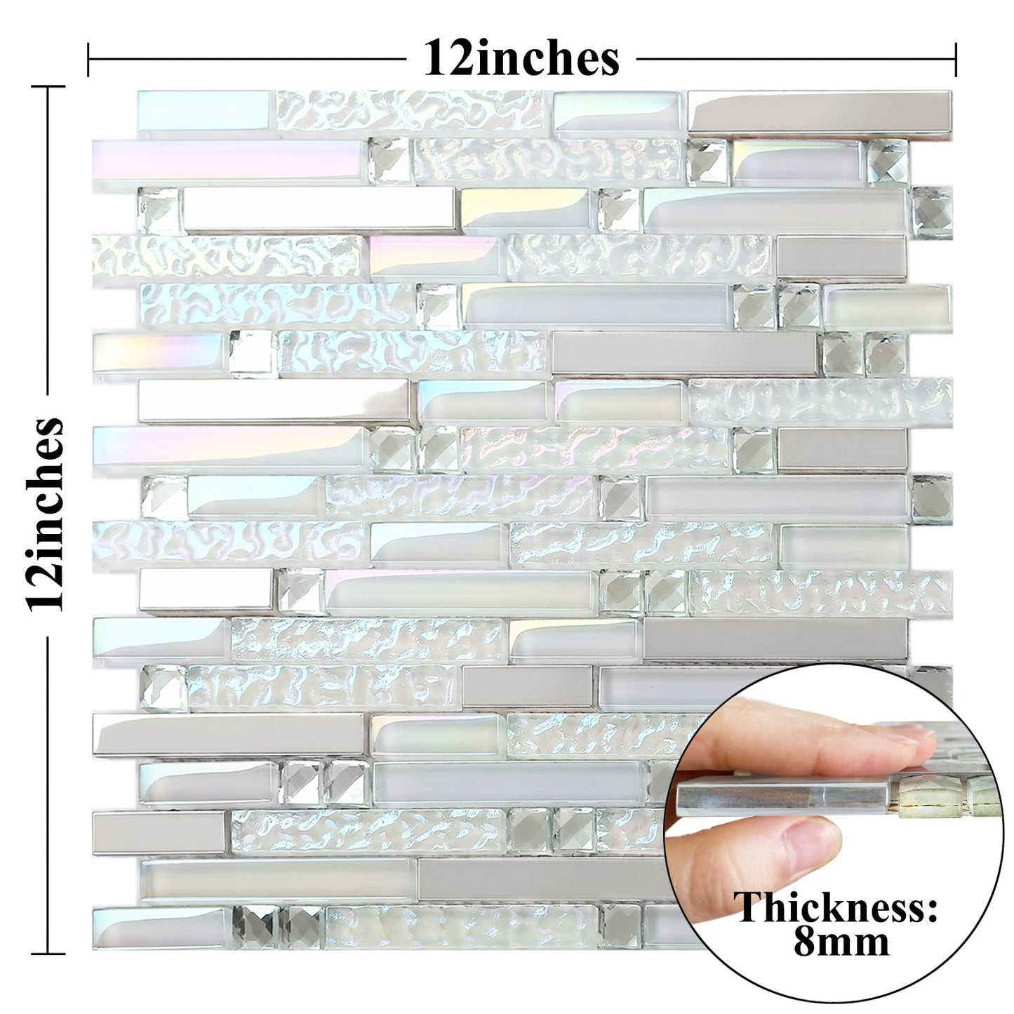 Glass Metal Tile Iridescent White Glass Silver Chrome Stainless Steel Interlocking Mosaic(Pack of 5)