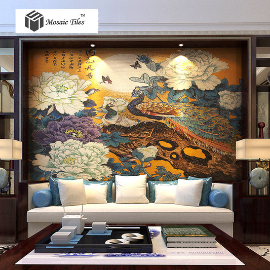 TST Mosaic Mural Peacock & Peony Flower Spectacular Unique Design Riches And Honor 