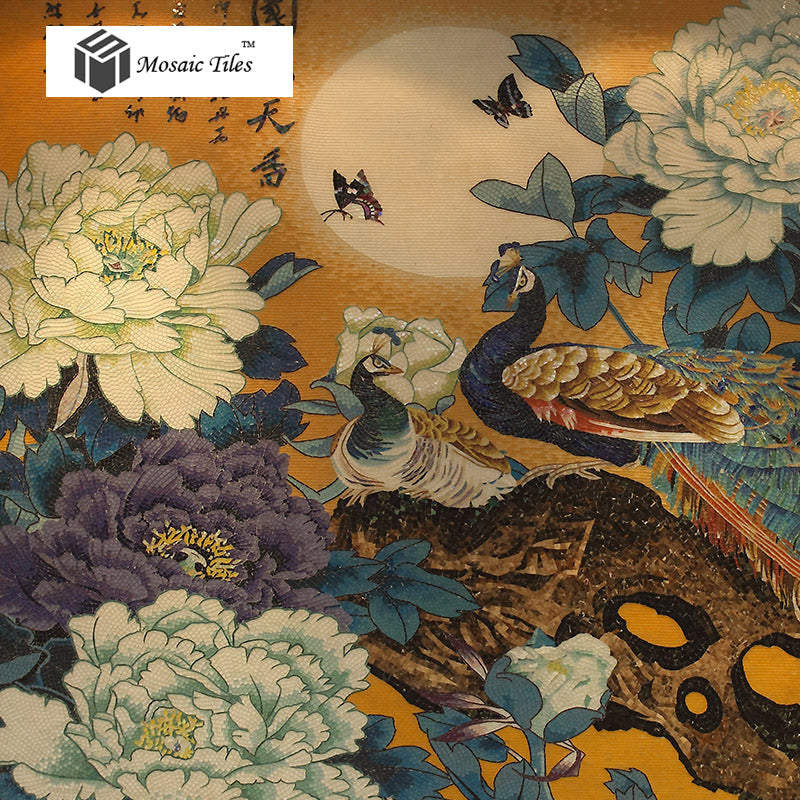 TST Mosaic Mural Peacock & Peony Flower Spectacular Unique Design Riches And Honor 