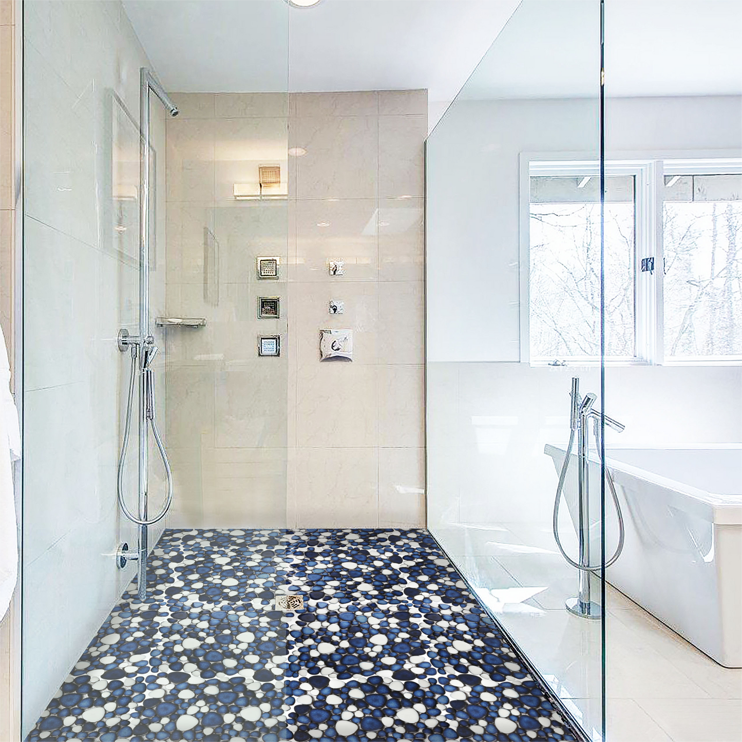 Pebble Ceramic Tiles Heart-Shaped 12x12 Floor Tile Ceramic, Dark Blue Mosaic Tiles Mesh Mounted, Waterproof Porcelain Tile Decorative for Kitchen Bath Backsplash Shower Floor Pool (Pack of 5)