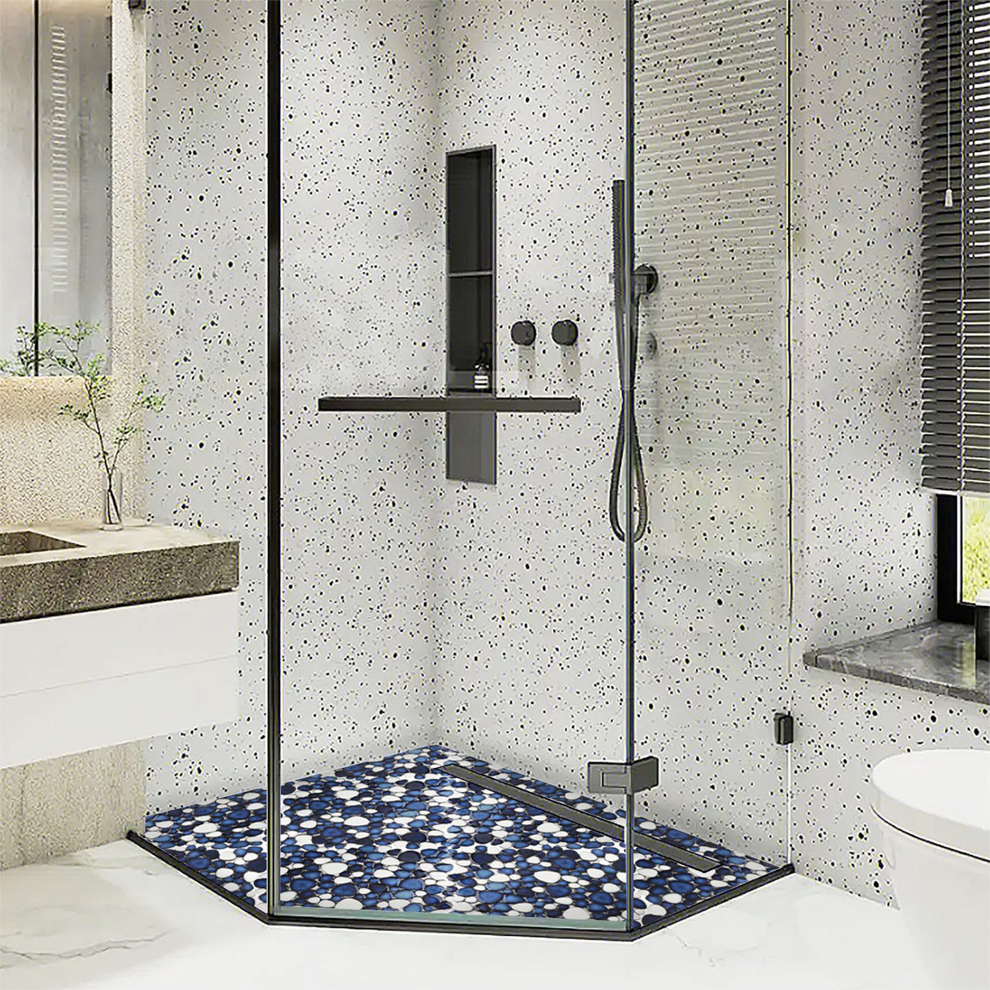 Pebble Ceramic Tiles Heart-Shaped 12x12 Floor Tile Ceramic, Dark Blue Mosaic Tiles Mesh Mounted, Waterproof Porcelain Tile Decorative for Kitchen Bath Backsplash Shower Floor Pool (Pack of 5)