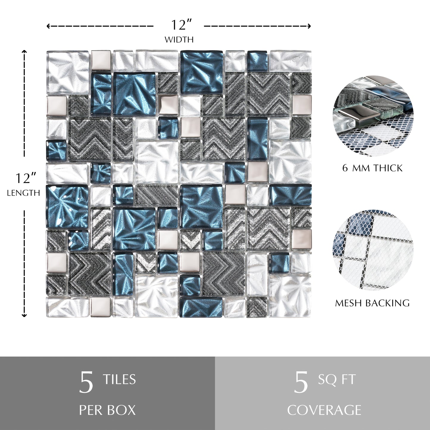 Teal Blue Square Glass Mosaic Tiles for Kitchen Backsplash Bathroom Wall (Pack of 5)