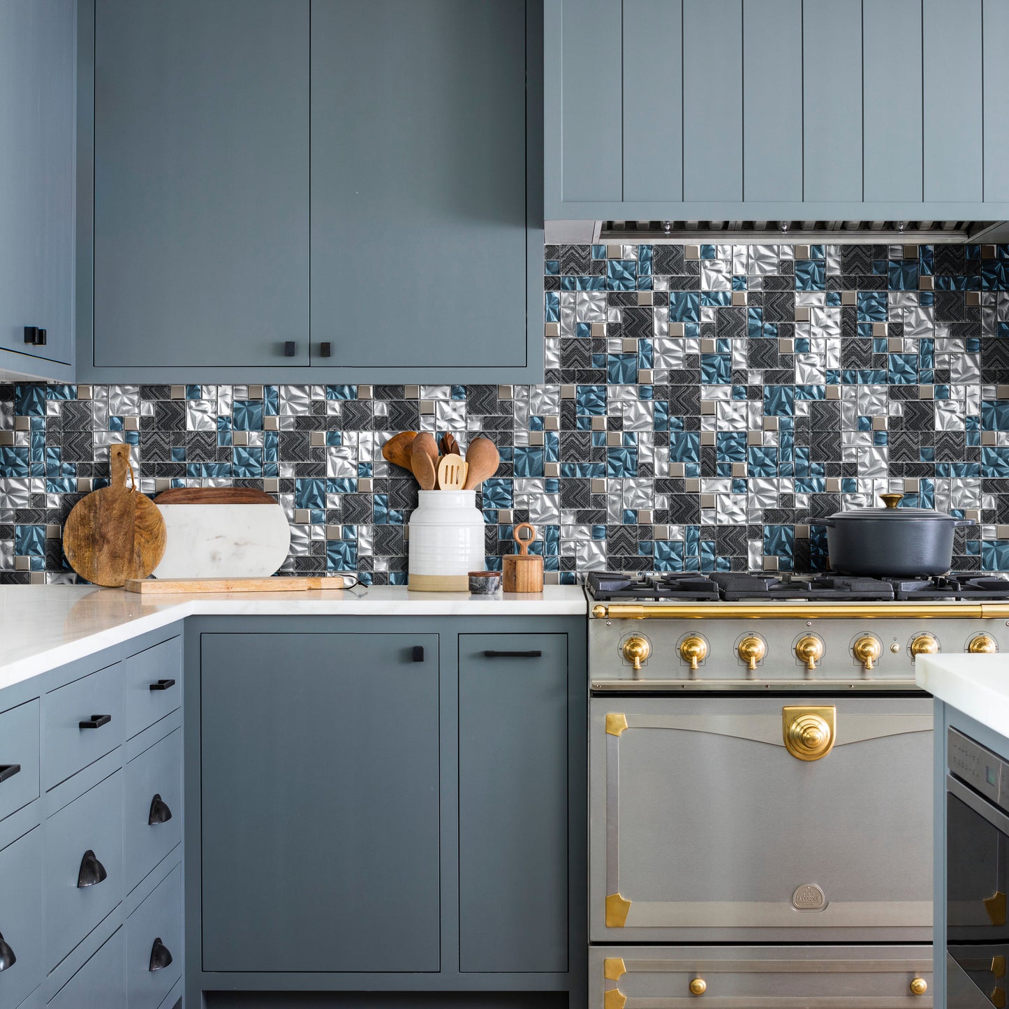 Teal Blue Square Glass Mosaic Tiles for Kitchen Backsplash Bathroom Wall (Pack of 5)