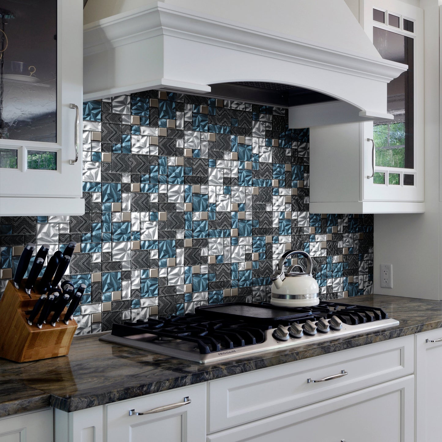 Teal Blue Square Glass Mosaic Tiles for Kitchen Backsplash Bathroom Wall (Pack of 5)