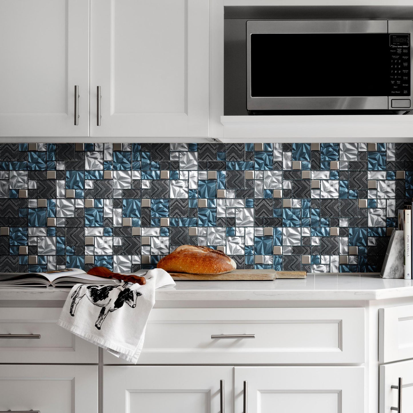 Teal Blue Square Glass Mosaic Tiles for Kitchen Backsplash Bathroom Wall (Pack of 5)