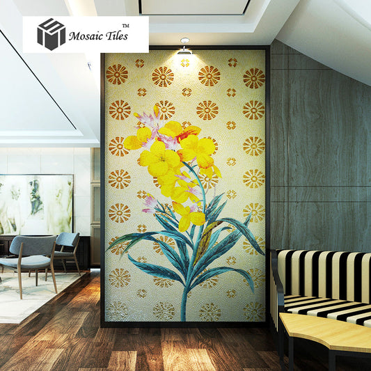 TST Mosaic Mural Yellow Hibiscus Flower Fireplace Livingroom Wall Deco Jade Glass Picture