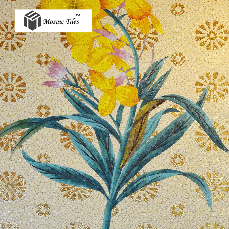 TST Mosaic Mural Yellow Hibiscus Flower Fireplace Livingroom Wall Deco Jade Glass Picture