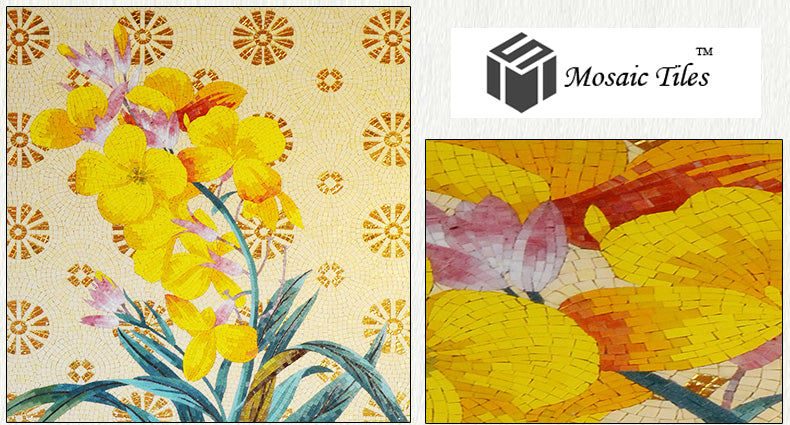 TST Mosaic Mural Yellow Hibiscus Flower Fireplace Livingroom Wall Deco Jade Glass Picture