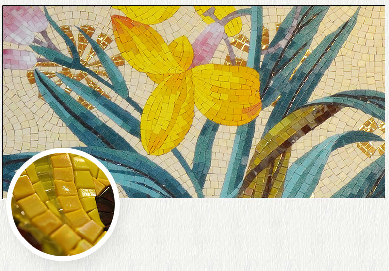 TST Mosaic Mural Yellow Hibiscus Flower Fireplace Livingroom Wall Deco Jade Glass Picture