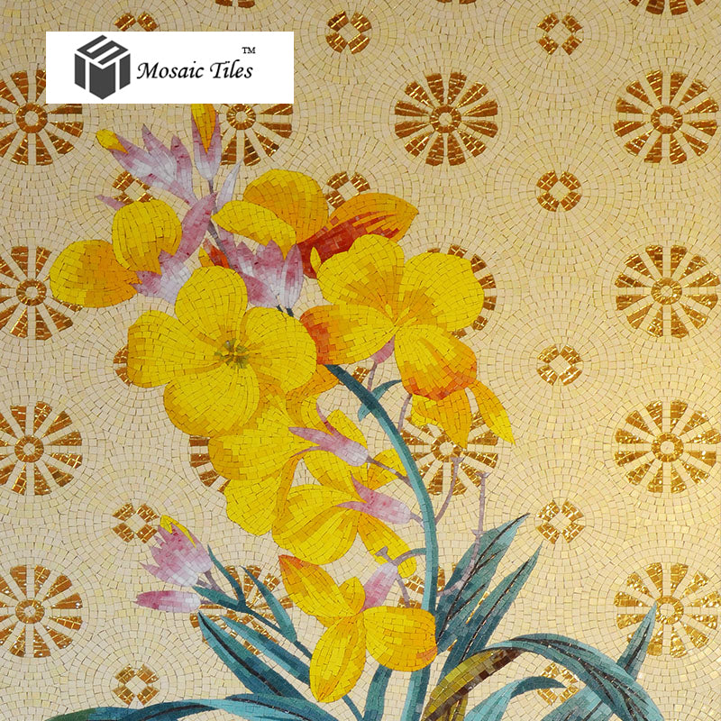 TST Mosaic Mural Yellow Hibiscus Flower Fireplace Livingroom Wall Deco Jade Glass Picture