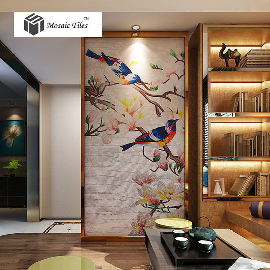 TST Mosaic Mural Nature Spring Birds Interior Art Wall Parquet Design 